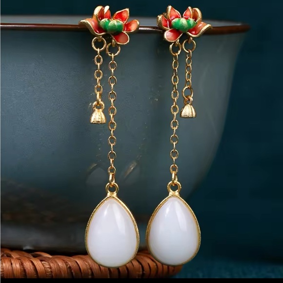 LOTUS FLOWER EARRINGS W GOLD ENAMEL AND WHITE WATER DROPLET - Picture 3 of 5